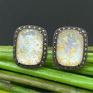 Lavish TJM 925 Sterling Silver Crystal MOP Marcasite Doublet Omega Clip Earrings